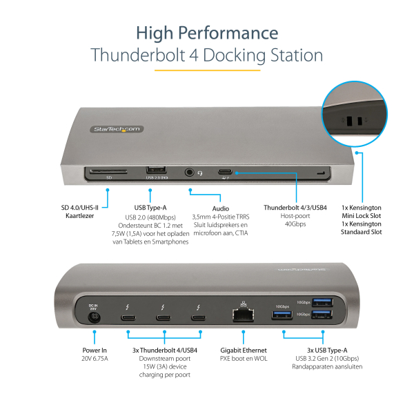 StarTech.com Thunderbolt 4 Dock, 96W Power Delivery, Single 8K/Dual Monitor 4K 60Hz, 3xTB4/USB4 ports, 4xUSB-A, SD, GbE, Thunderbolt 4 Docking Station voor Windows of TB3 MacBook, 0.8m Kabel - Afbeelding 3